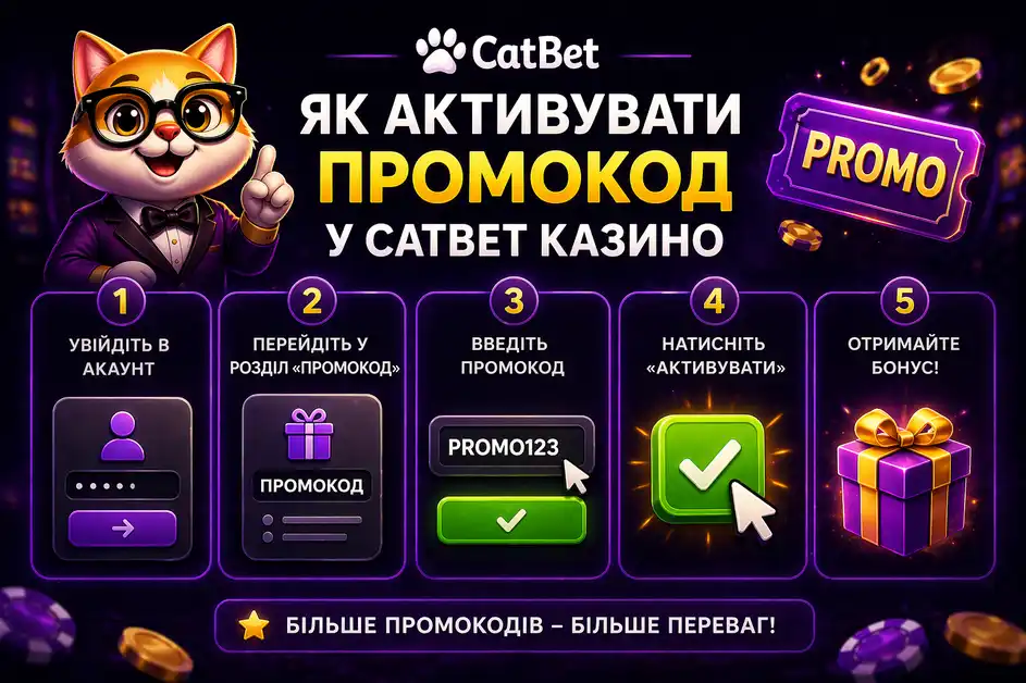 Як активувати промокод CatBet — поле введення коду під час реєстрації, розділ Бонуси в особистому кабінеті та підтвердження активації