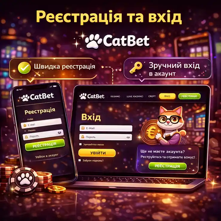 Форми реєстрації та входу на платформі CatBet з полями email, пароля, кнопками Увійти та Реєстрація в шапці сайту