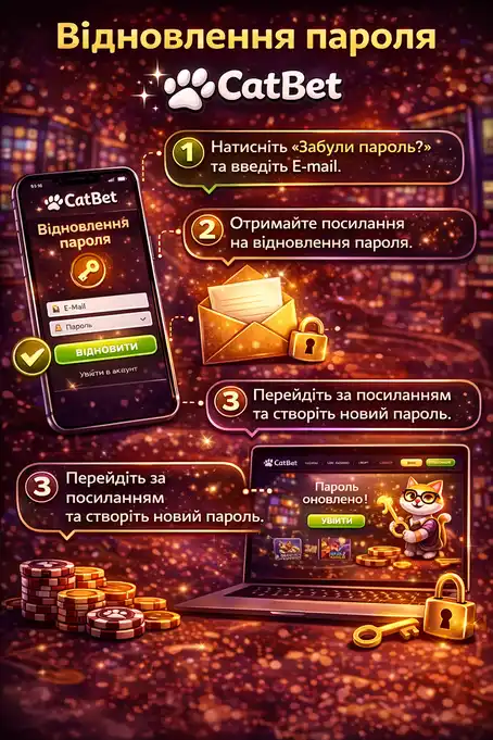 Форма відновлення пароля на CatBet із полем для email, відправкою посилання на скидання та створенням нового пароля